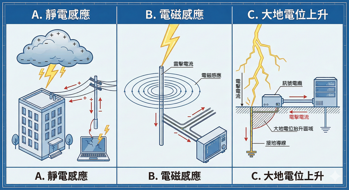 誘導雷突波感應機制示意圖