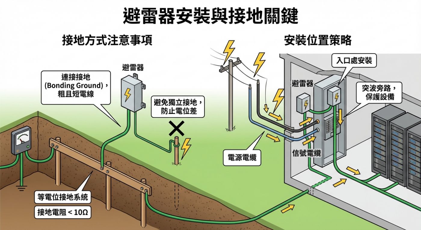 避雷器正確接地與安裝位置示意圖