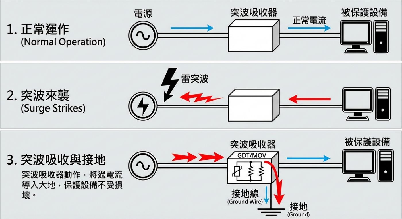 突波保護器工作原理示意圖，說明其如何吸收雷電能量，防止電子設備受損