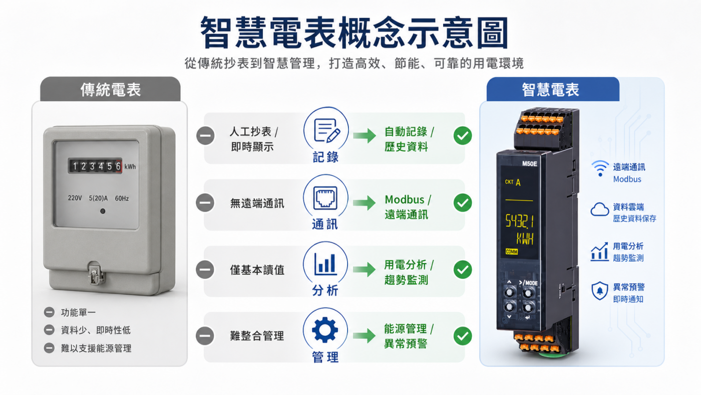 智慧電表與傳統電表差異,包含用電資料記錄、遠端通訊與能源管理功能
