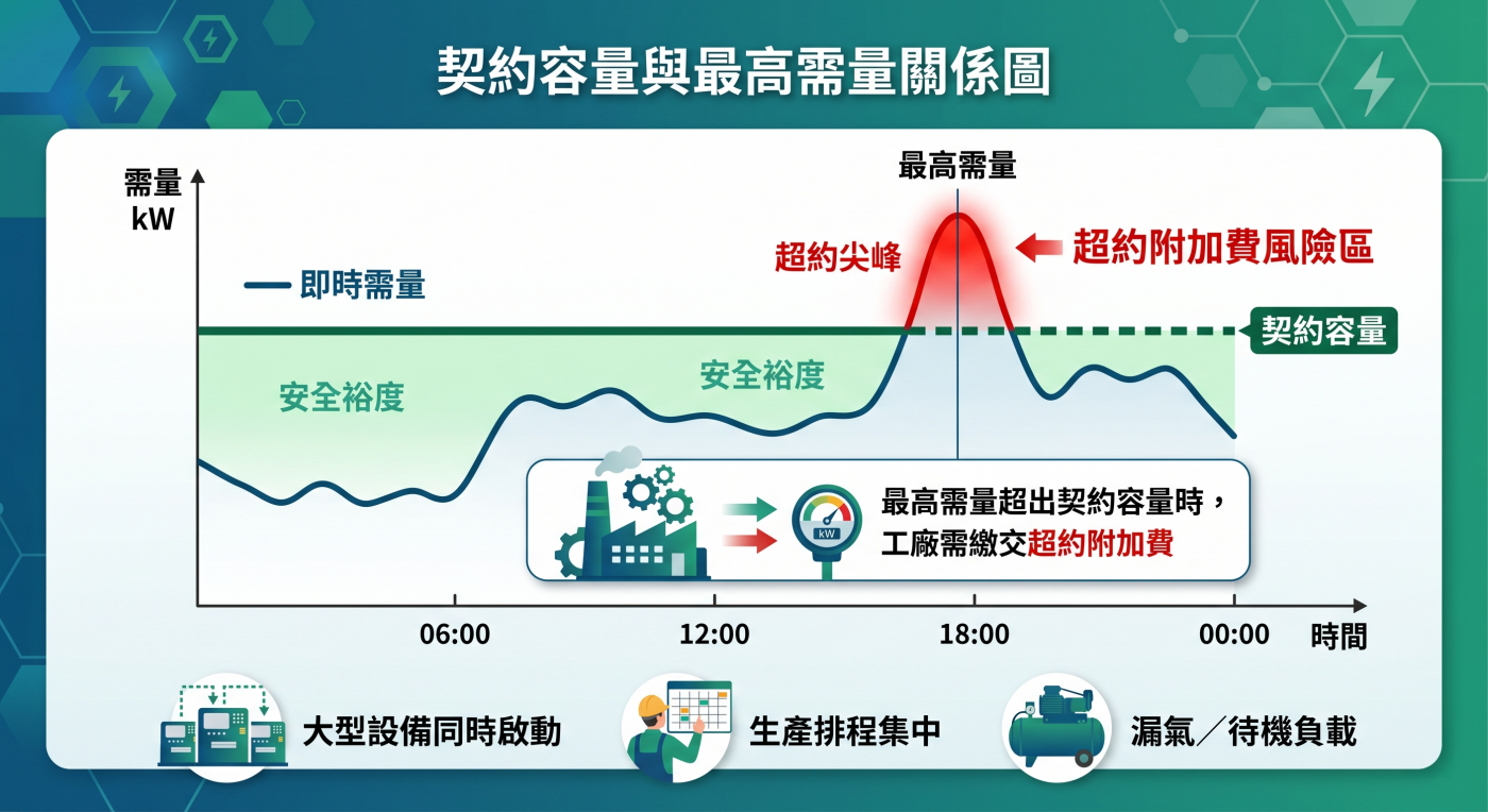 橫軸為時間，縱軸為 kW，標示契約容量線、正常負載曲線與超約尖峰。