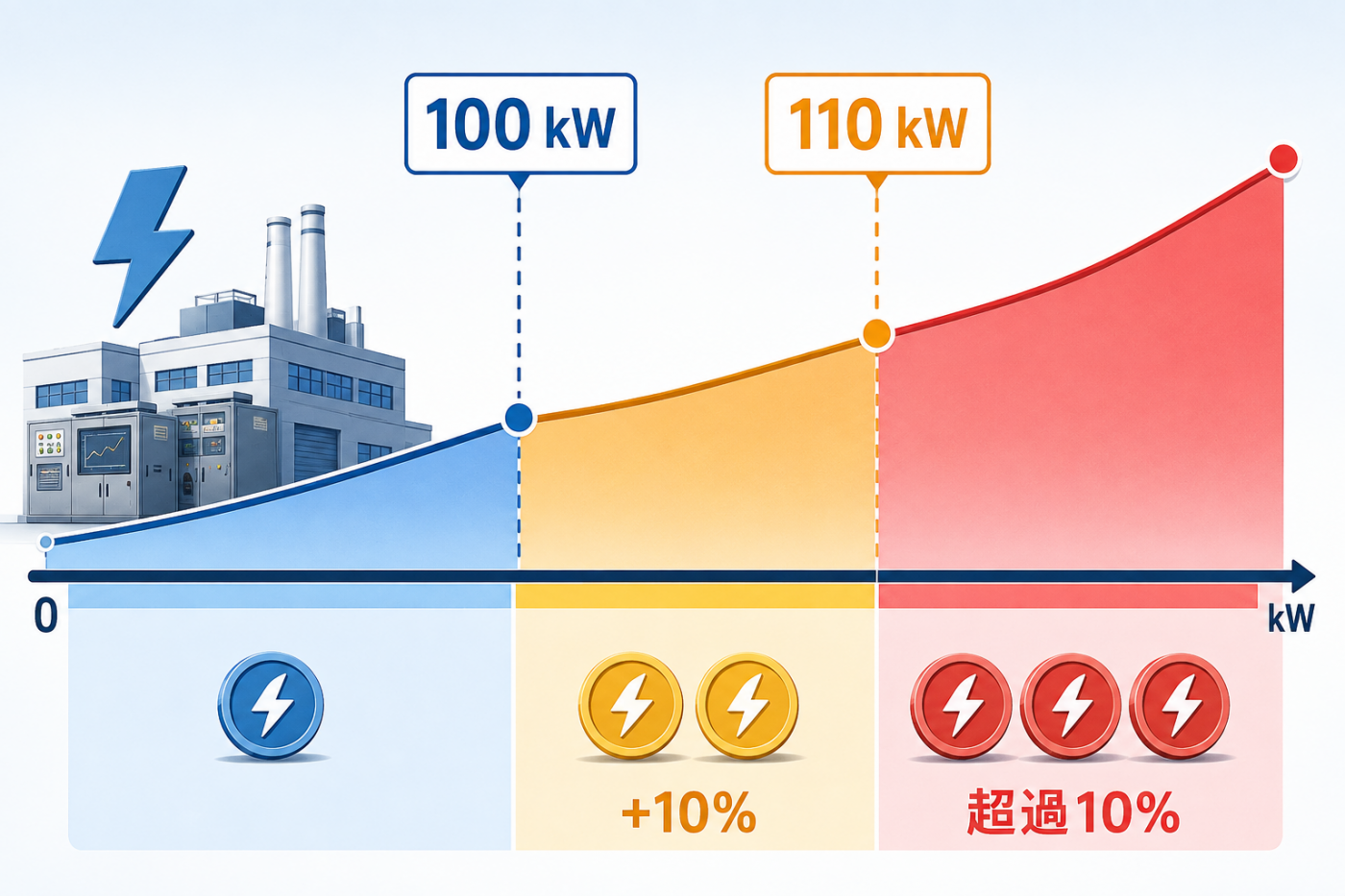 契約容量 100 kW、10% 緩衝區、超過 10% 區間，以不同色塊標示加收級距。