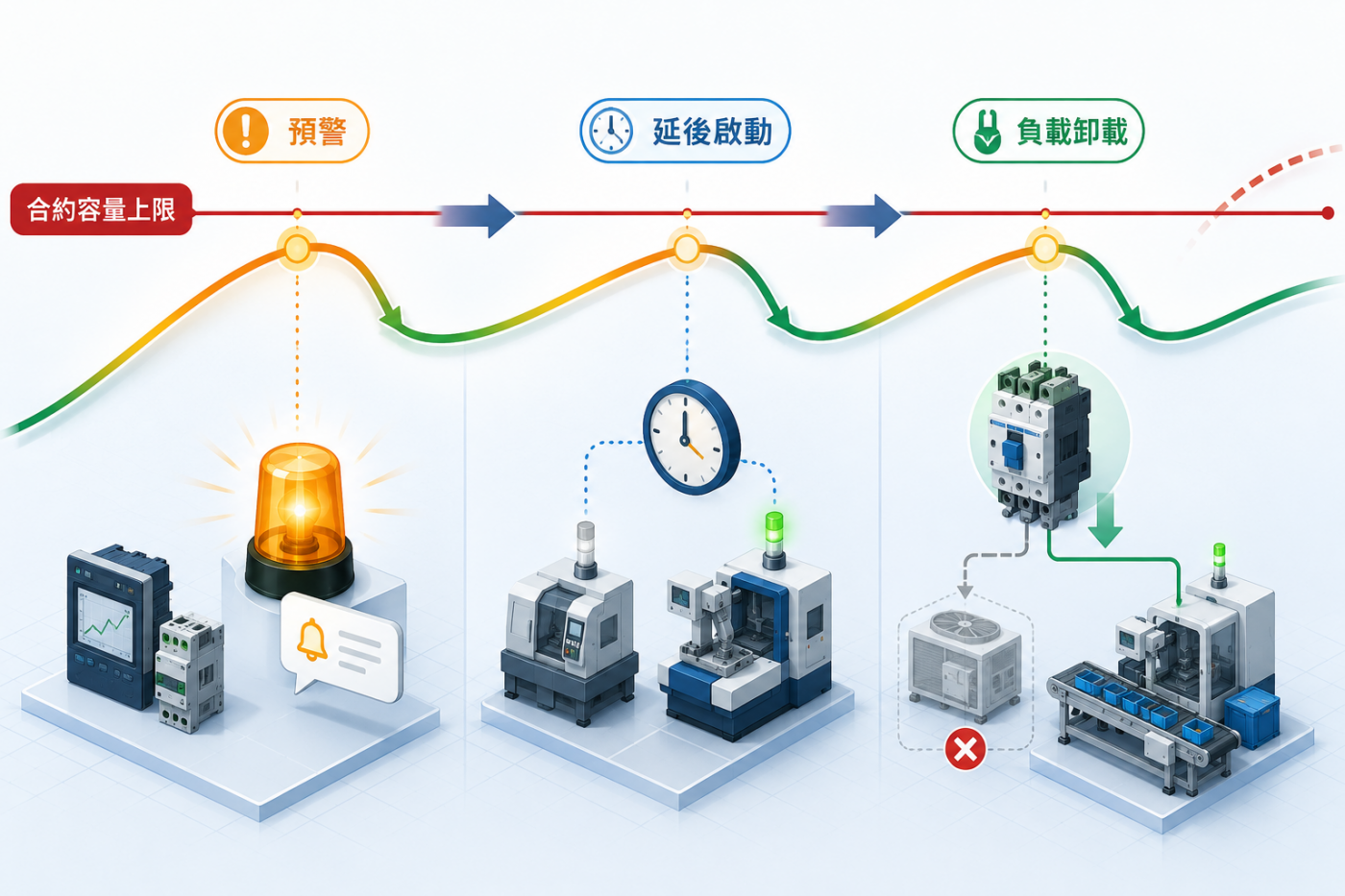 需量曲線接近契約容量時，依序觸發預警、延後啟動、負載卸載。